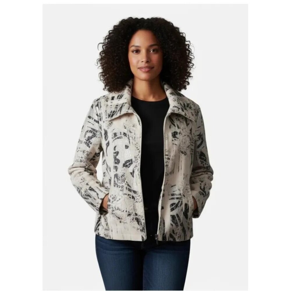 Cafe Au Lait Women's Metallic Printed Faux Suede Full-Zip Blazer Jacket Size XL/